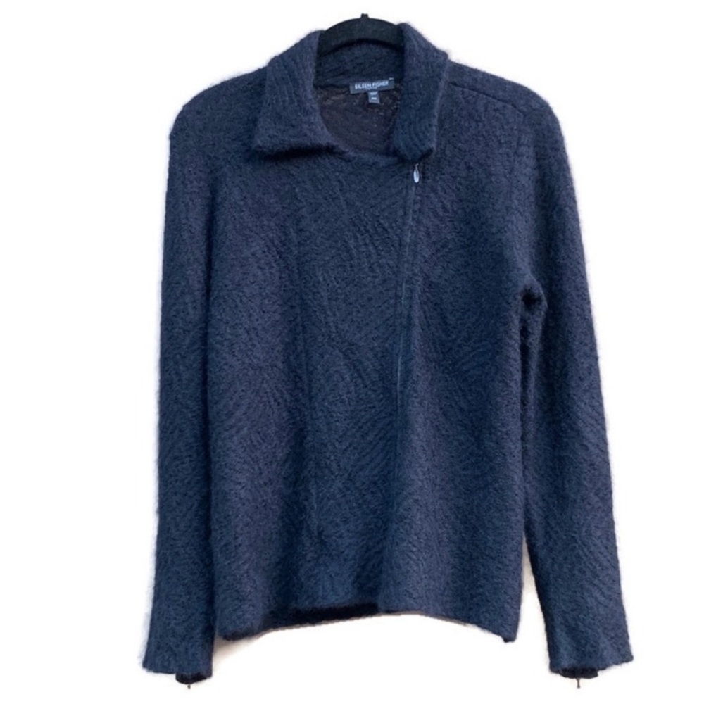 Eileen Fisher Cat’s Eye Mohair Blend Zip Black Moto Jacket Medium